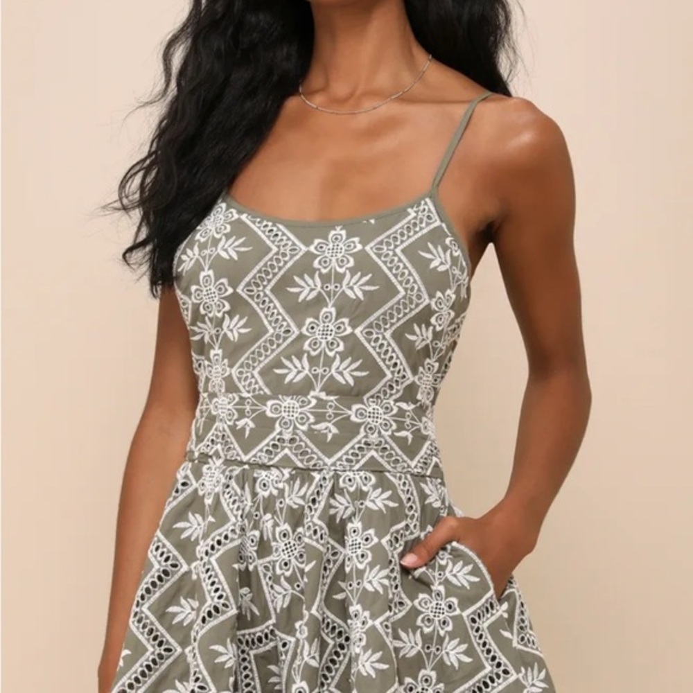 Charming Sunshine Olive Green Embroidered Tie-Back Romper